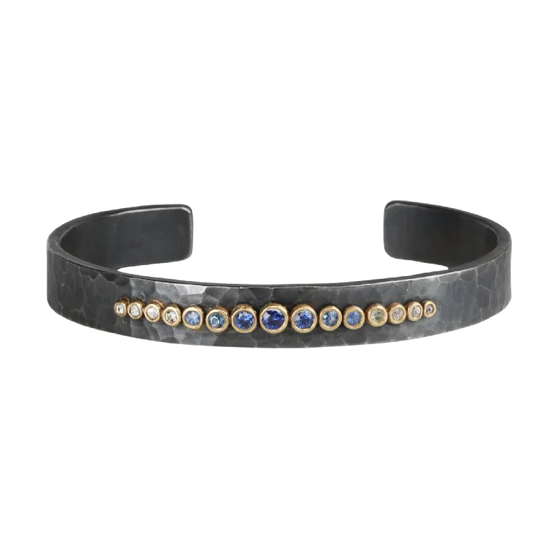 personalized hand-stamped bar ring Hammered Blackened Silver Cuff with Ombre Blue Sapphires