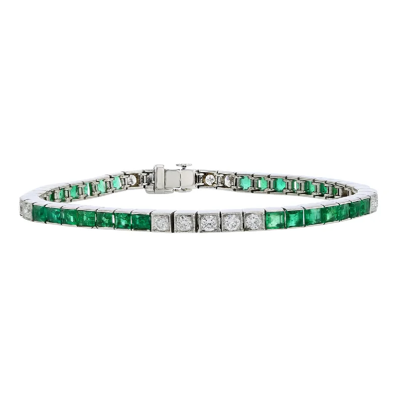 sterling silver lotus ring Art Deco Platinum Diamond and Emerald Straight Row Bracelet