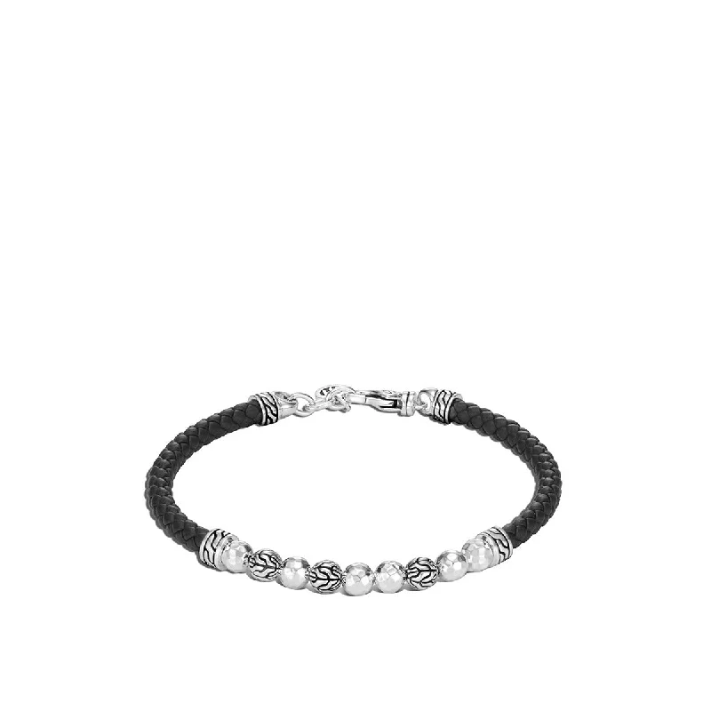 sapphire halo engagement ring Classic Chain Hammered Silver Bracelet on Black Woven Leather with Lobster Clasp with 5mm Silver Beads sapphire halo engagement ring Classic Chain Hammered Silver Bracelet on Black Woven Leather with Lobster Clasp with 5mm Silver Beads