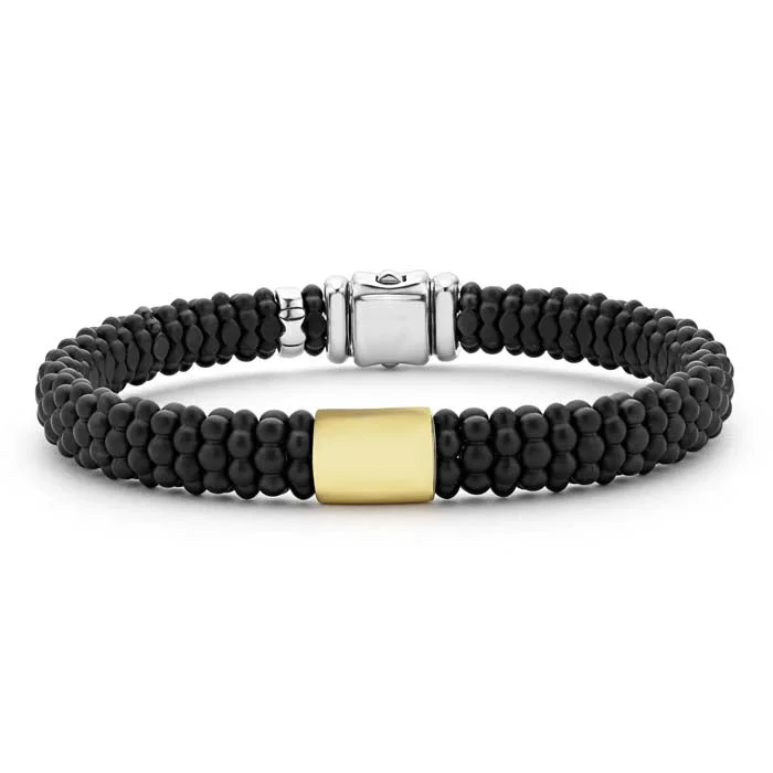 dainty beaded stretch bracelet LAGOS Matte Black Ceramic Caviar Beaded Bracelet in 18K Yellow Gold and Sterling Silver