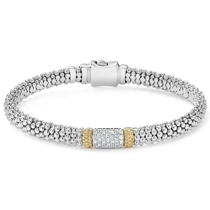 unique diamond eternity band LAGOS .35tw Caviar Lux 6mm Beaded Bracelet with Pave Diamond Station in Sterling Silver and 18kt Yellow Gold Size M