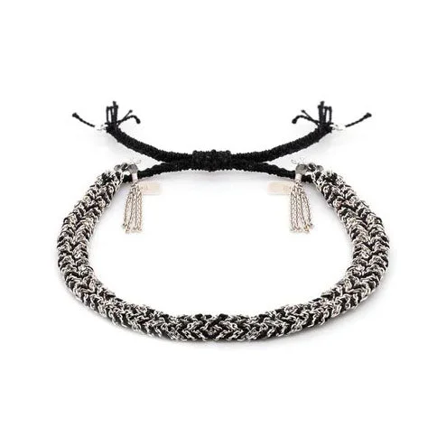 handcrafted gemstone ring women Black Silk and Silver Chain Woven Bracelet
