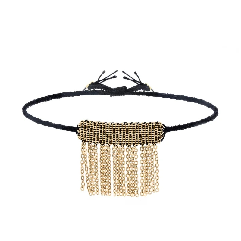 handcrafted beaded bracelet boho Black Silk Bracelet with Gold Vermeil Center Tassel Section