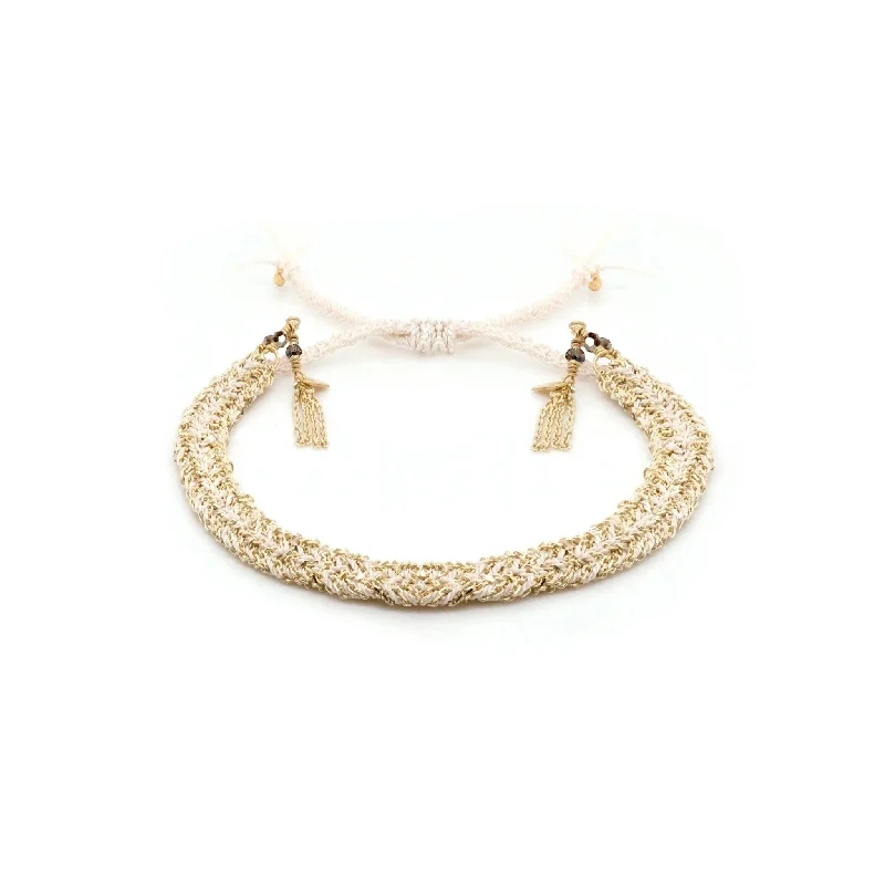 thin silver chain necklace Gold Vermeil & White Silk Woven Bracelet