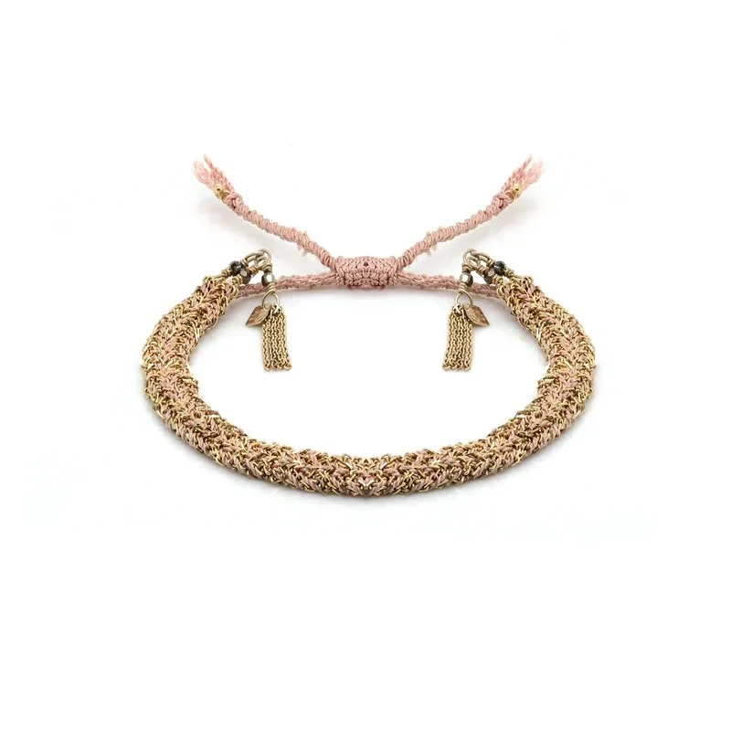 minimalist disc pendant necklace Nude Silk and Yellow Gold Vermeil Chain Woven Bracelet