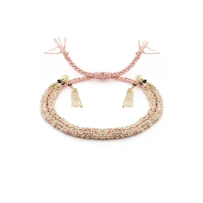 unique tribal silver ring Pink Silk and Yellow Gold Vermeil Chain Woven Bracelet