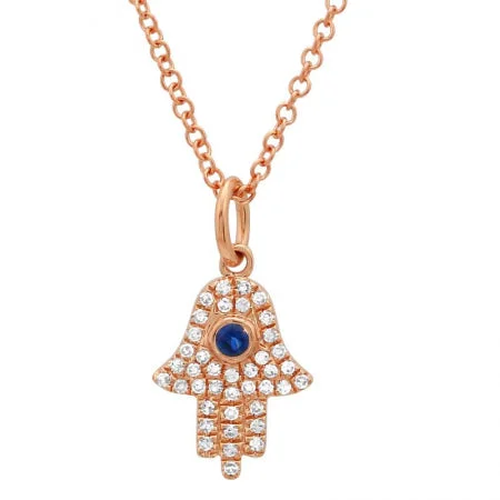 14K Rose Gold Diamond + Sapphire Hamsa/evil eye Necklace