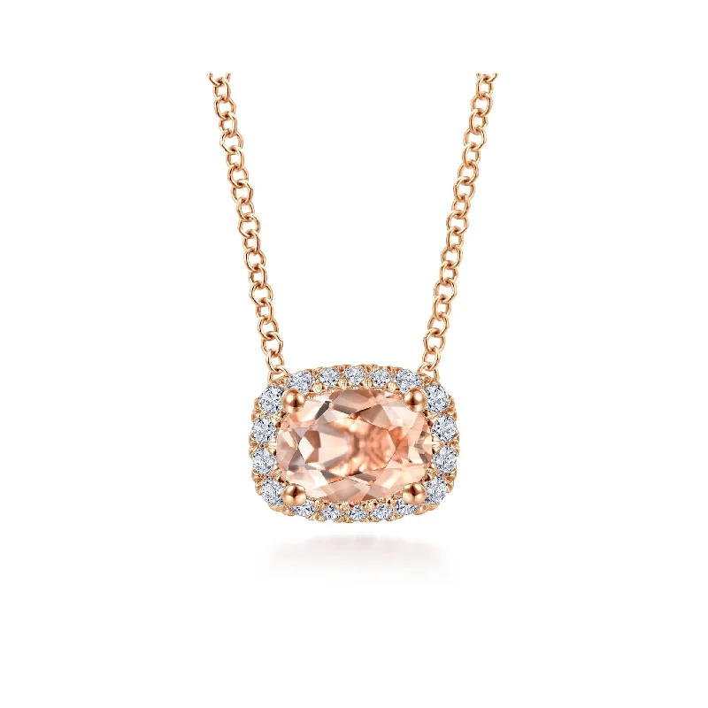 14K Rose Gold Diamond + Morganite Rectangle Halo Necklace