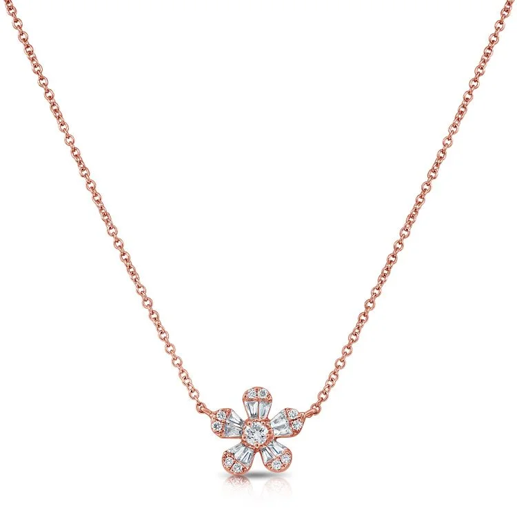 14k Rose Gold Diamond Baguette Flower Necklace