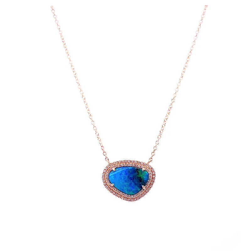 14K Rose Gold Diamond Double Halo Boulder Opal Necklace