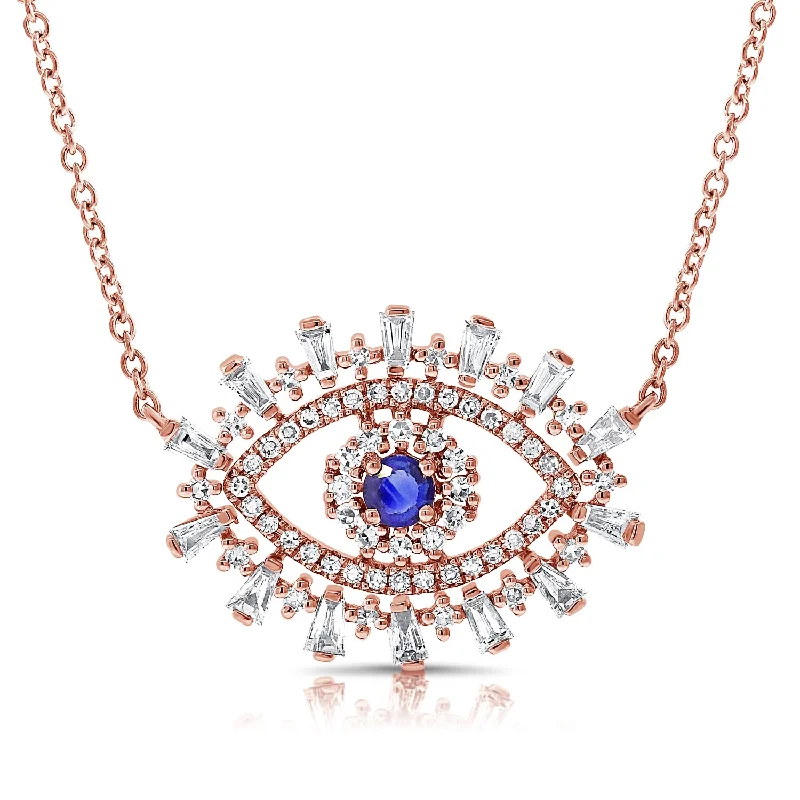 14K Rose Gold Diamond + Sapphire Evil Eye Necklace