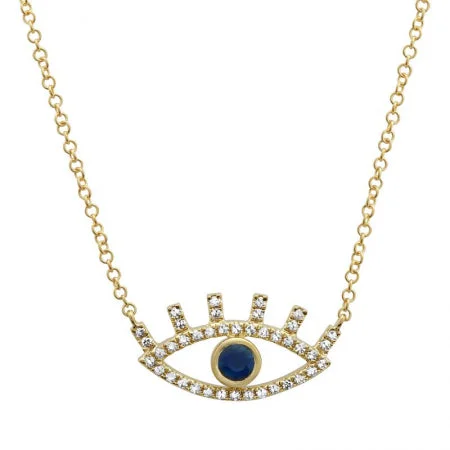 14K Yellow Gold Diamond + Sapphire Evil Eye Necklace