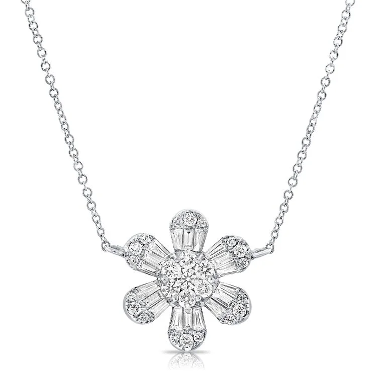 14K White Gold Diamond Baguette Flower Necklace