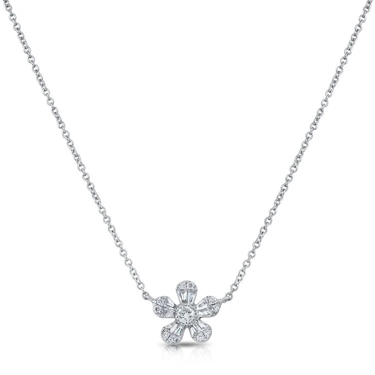 14K White Gold Diamond Flower Necklace