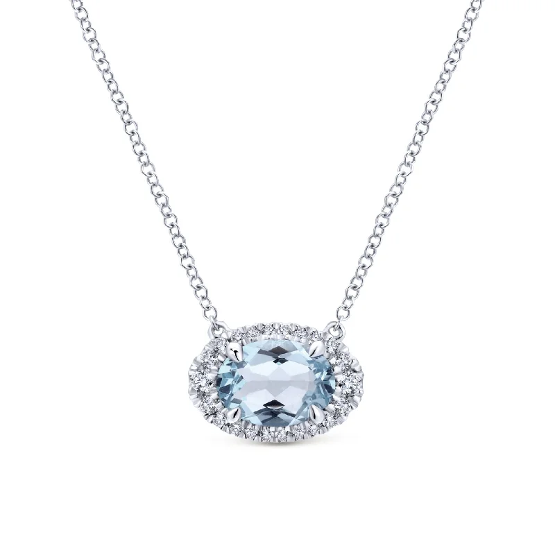 14K White Gold Diamond Oval Halo + Oval Aquamarine Necklace