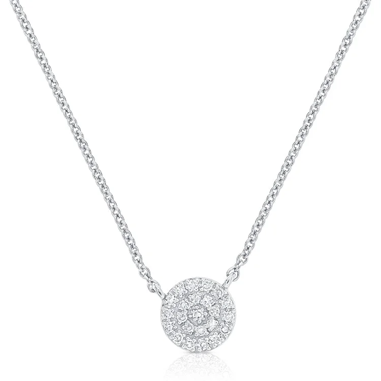 14K White Gold Diamond Pave Disc Necklace