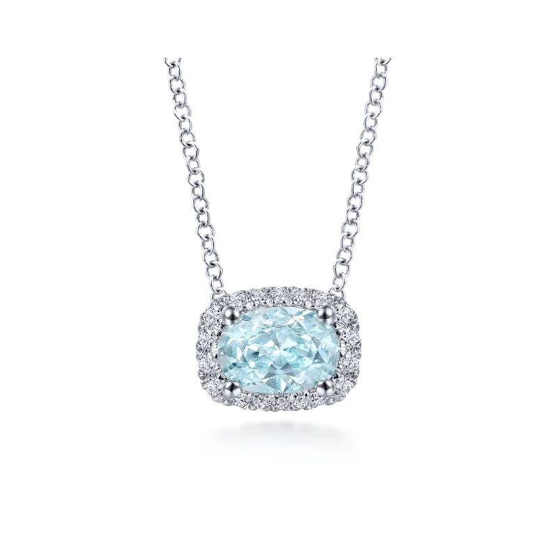 14K White Gold Diamond Rectangle Halo and Oval Aquamarine Necklace