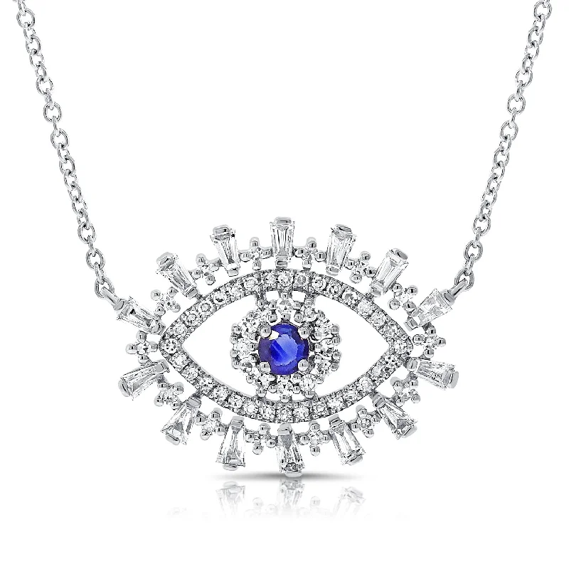 14K White Gold Diamond + Sapphire Evil Eye Necklace