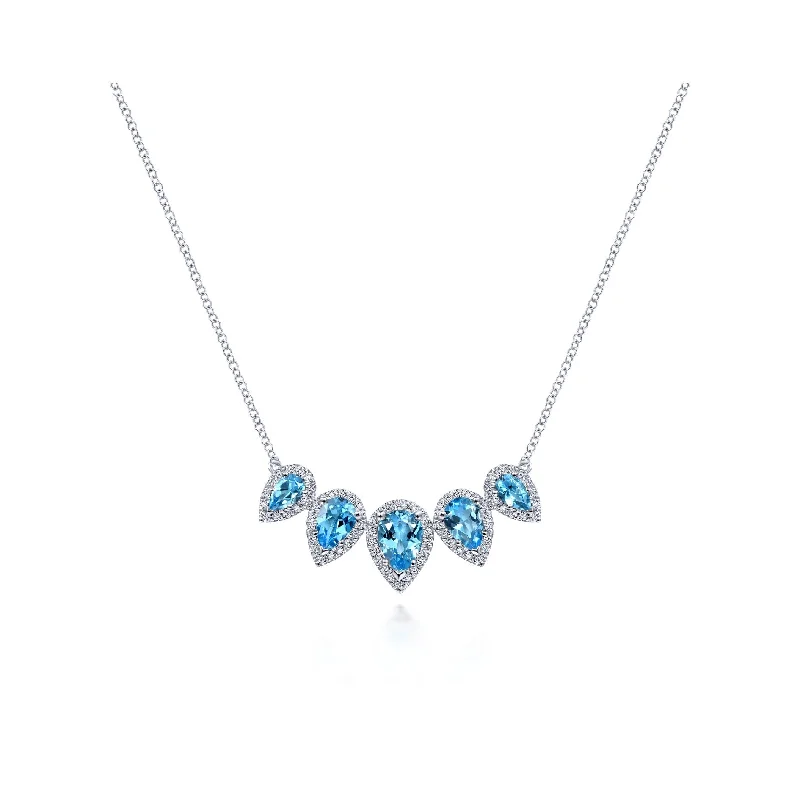 14K White Gold Diamond Halo + Blue Topaz Necklace