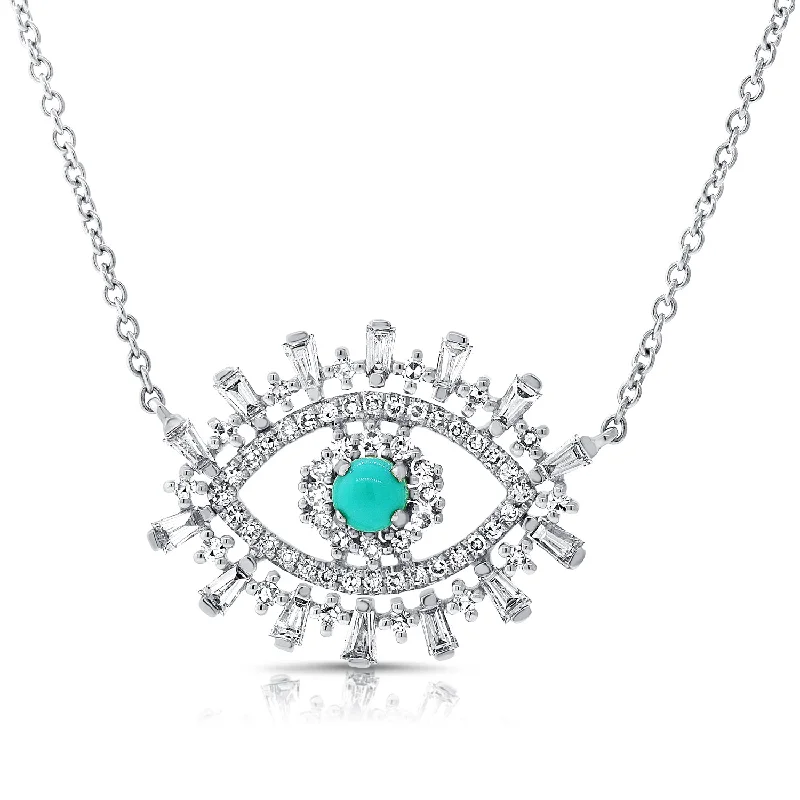 14K White Gold Diamond + Turquoise Evil Eye Necklace