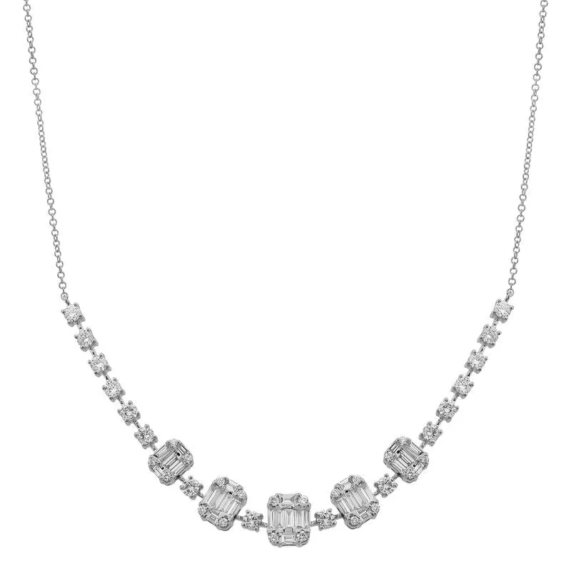 14k White Gold Round Diamond and Baguette Necklace