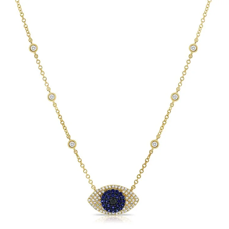 14K Yellow Diamond Sapphire Evil Eye Necklace