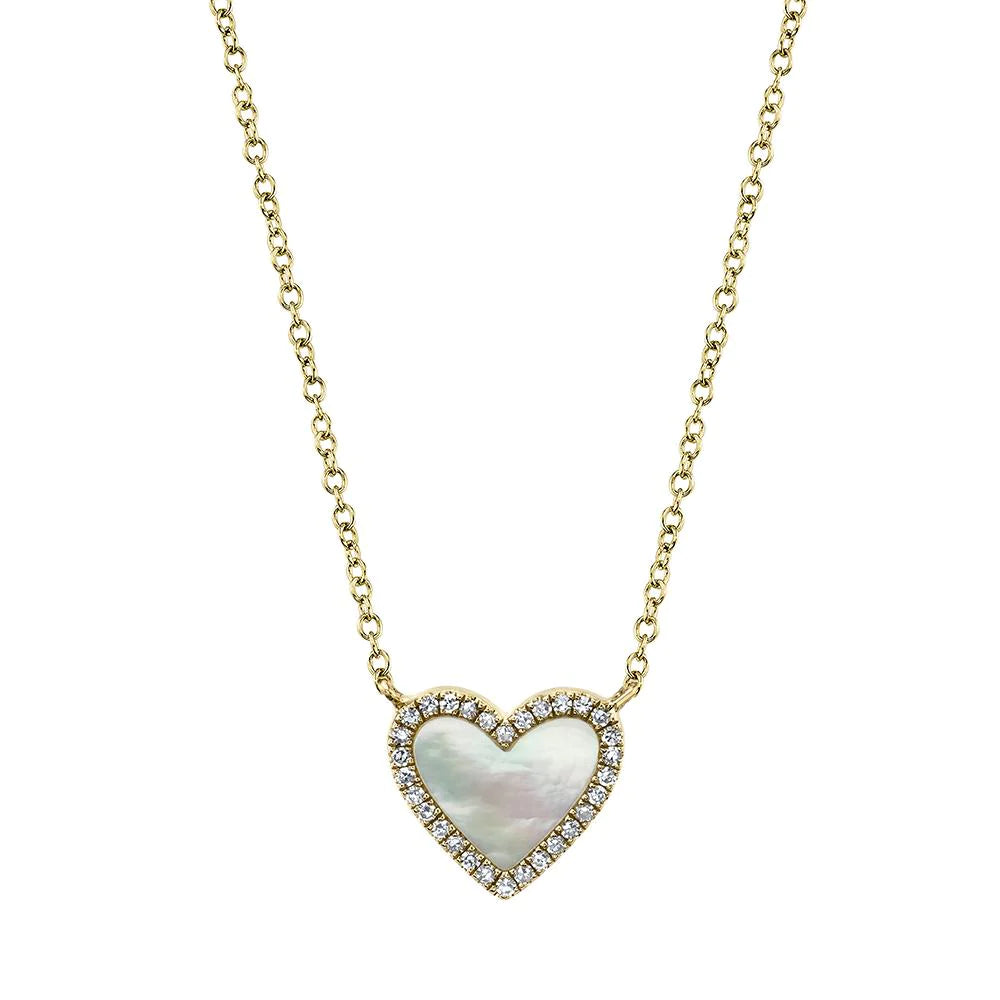 14K Yellow Gold Diamond and Mother of Pearl Heart Necklace