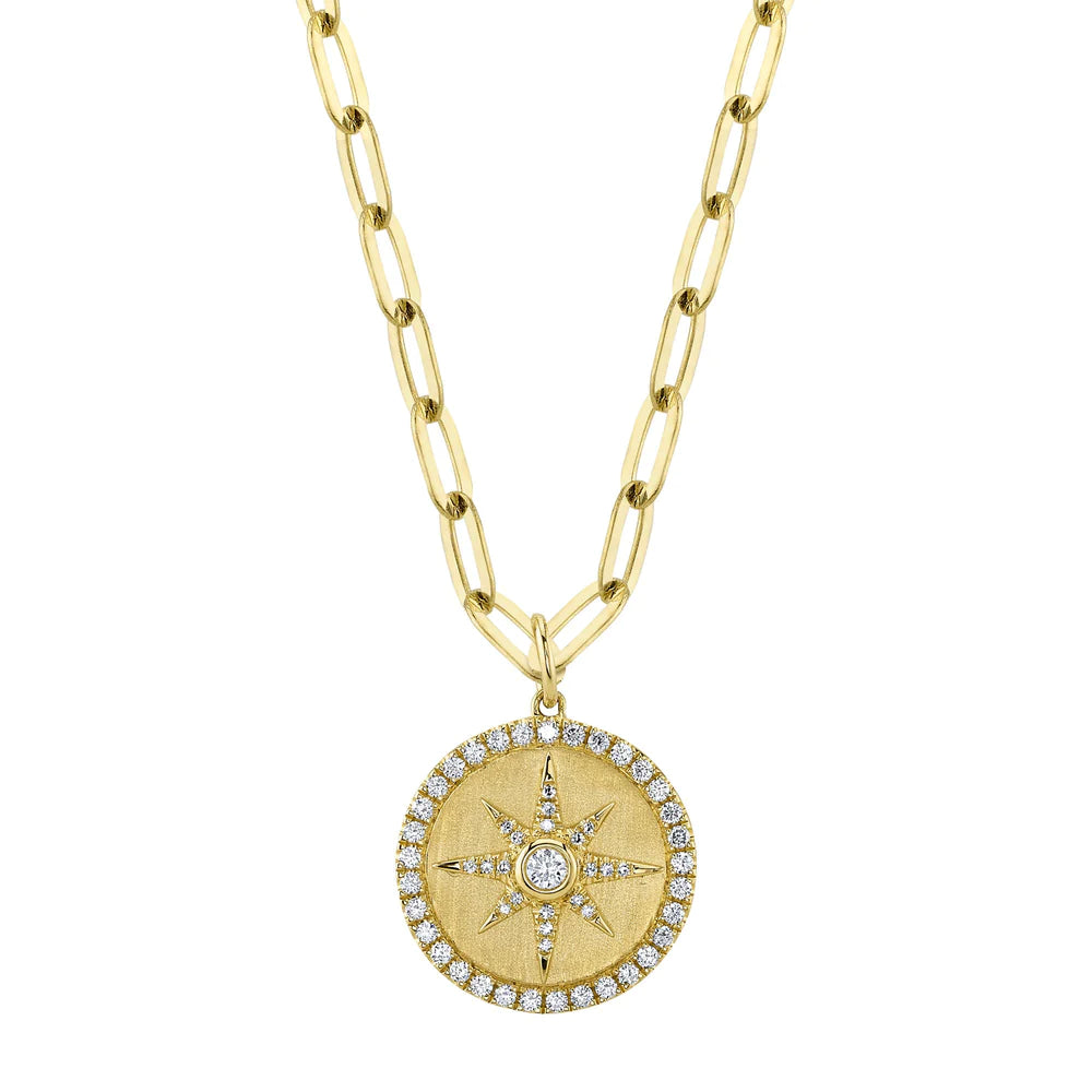 14K Yellow Gold Diamond Compass Paperclip Necklace