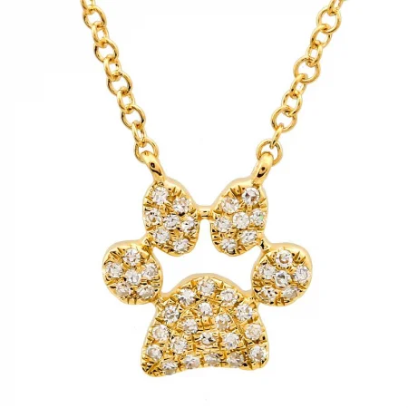 14K Yellow Gold Diamond Dog Paw Print Necklace