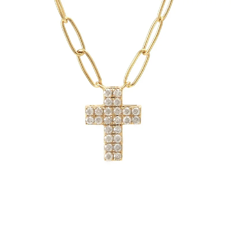 14K Yellow Gold Diamond Double Row Cross Necklace