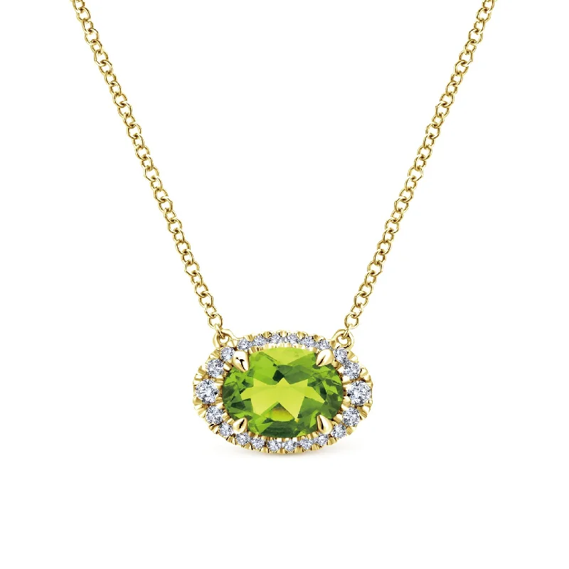 14K Yellow Gold Diamond Oval Halo + Peridot Necklace