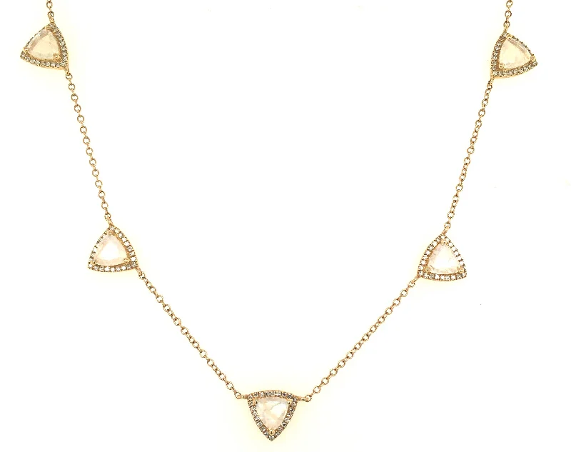 14K Yellow Gold Diamond + Triangle Rainbow Moonstone Necklace