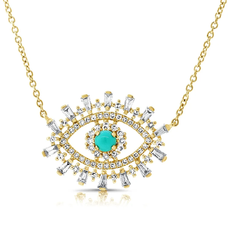 14K Yellow Gold Diamond + Turquoise Evil Eye Necklace