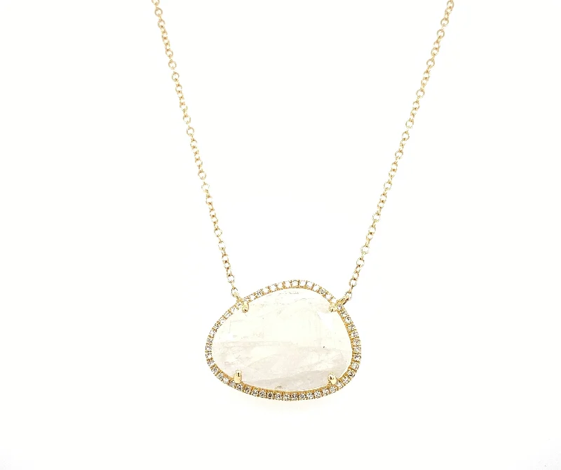 14K Yellow Gold Round Diamond + Moonstone Freeform Necklace