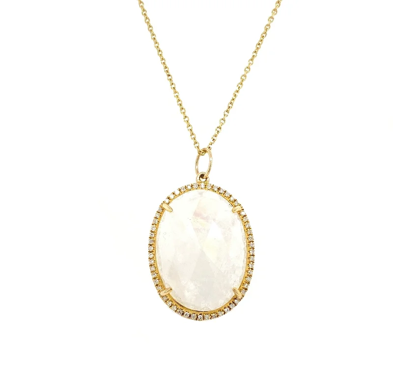 14K Yellow Gold Round Diamond + Oval Rainbow Moonstone Pendant