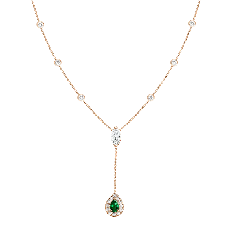 18K Rose Gold Diamond + Emerald Y Necklace