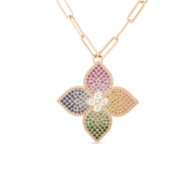 unique gemstone necklace handmade 18K ROSE GOLD VENETIAN PRINCESS DIAMOND & MIXED SAPPHIRE FLOWER LONG NECKLACE