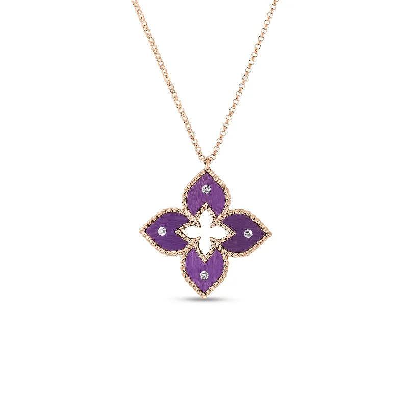 emerald cut diamond earrings 18K Rose Gold Venetian Princess Small Purple Titanium And Diamond Flower Necklace