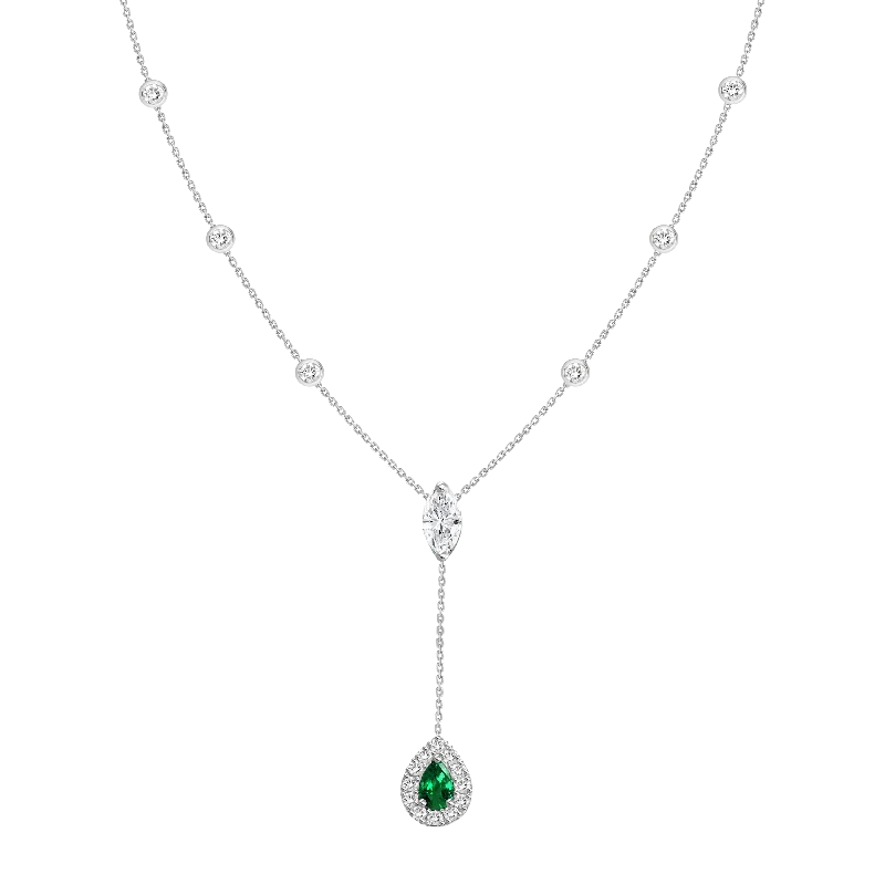 18K White Gold Diamond + Emerald Y Necklace