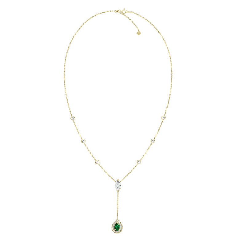 18K Yellow Gold Diamond + Emerald Y Necklace