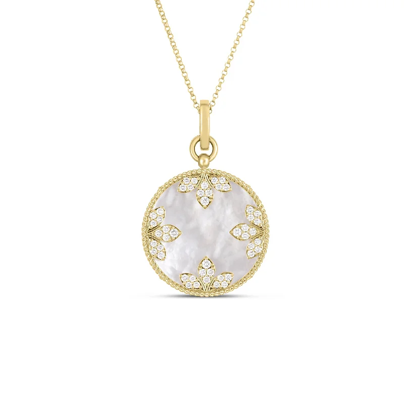 classic pearl choker necklace 18K Yellow Gold Medallion Charms Diamond And Mother Of Pearl Necklace