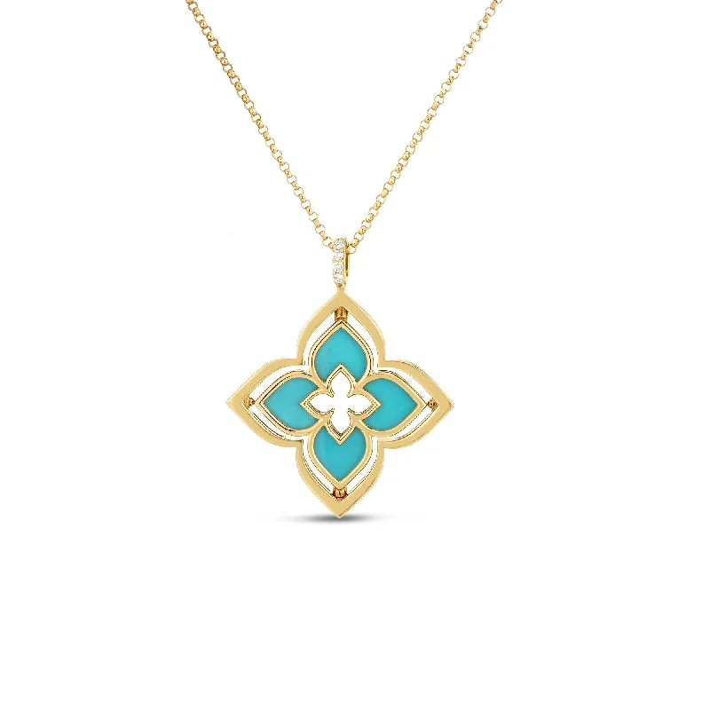 celestial sun and moon earrings 18K Yellow Gold Venetian Princess Pirouette Diamond & Turquoise Flower Necklace