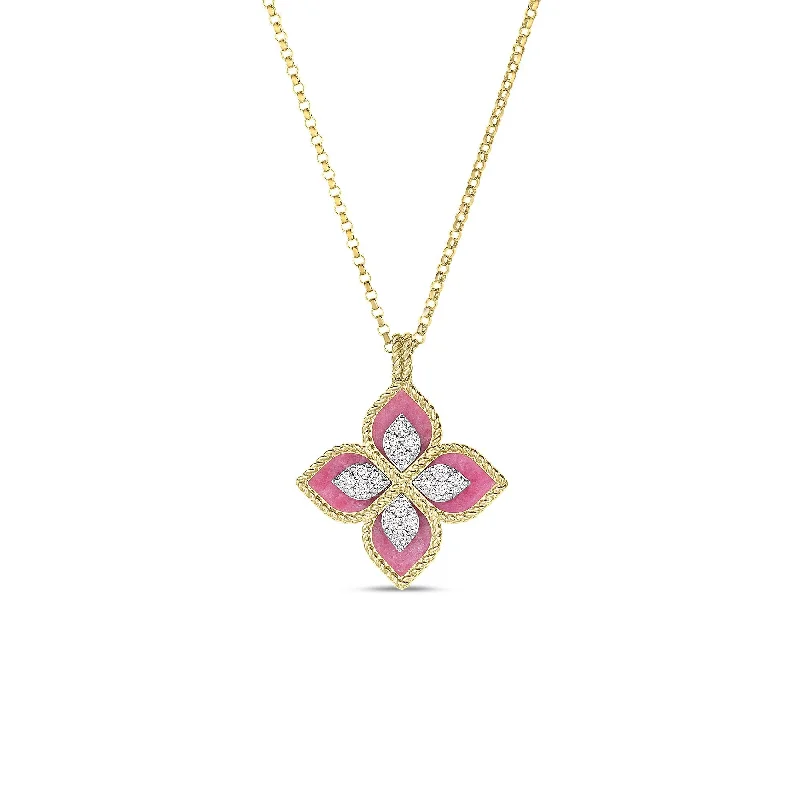 minimalist pearl pendant necklace 18K Yellow/White Gold Venetian Princess Diamond & Rhodonite Flower Necklace