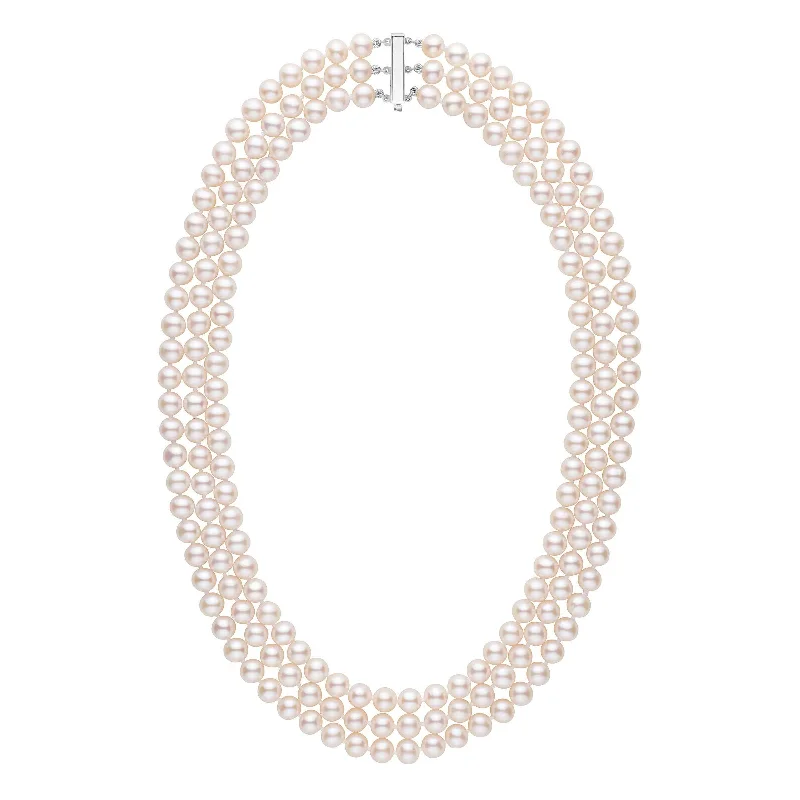 handcrafted braided silver bracelet 6.5-7.0 mm Triple-Strand AAA White Freshwater Pearl Necklace