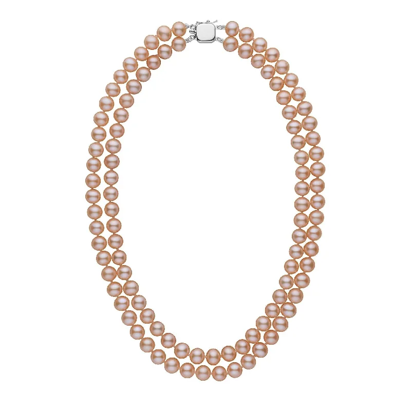 silver feather charm necklace 7.5-8.0 mm Double Strand AA+ Pink to Peach Freshwater Pearl Necklace