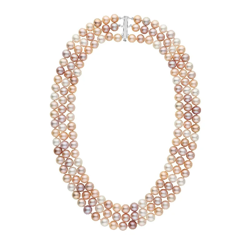 crystal-studded gold ring 7.5-8.0 mm Triple-Strand AA+ Multicolor Freshwater Pearl Necklace