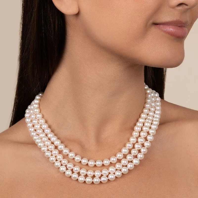 layered gold coin pendant necklace 7.5-8.0 mm Triple-Strand AAA White Freshwater Cultured Pearl Necklace