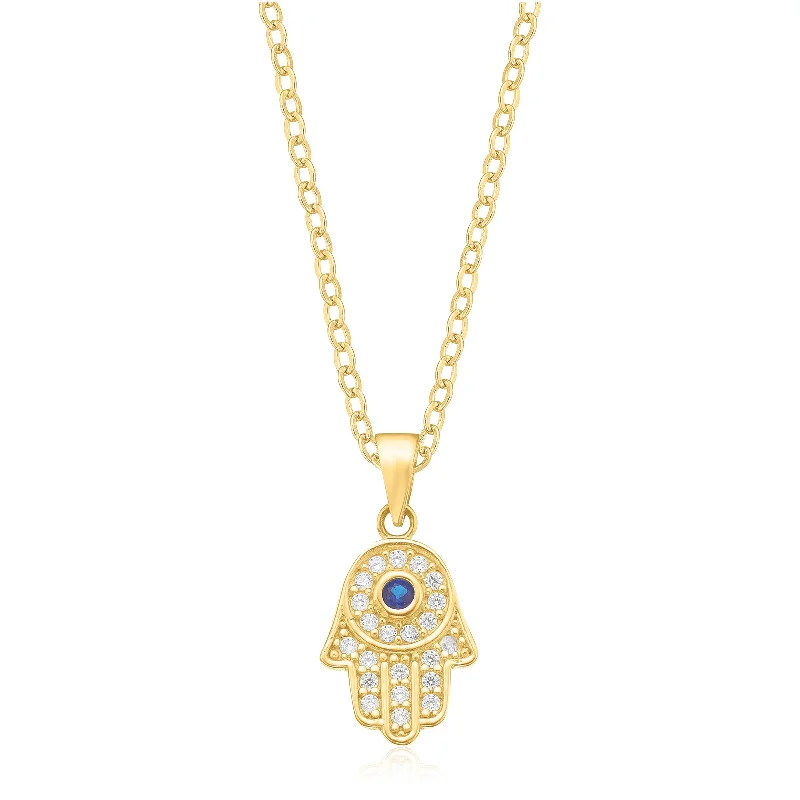 infinity heart necklace personalized 9ct Yellow Gold with Blue Spinel & Cubic Ziconia Hand of Fatima Pendant