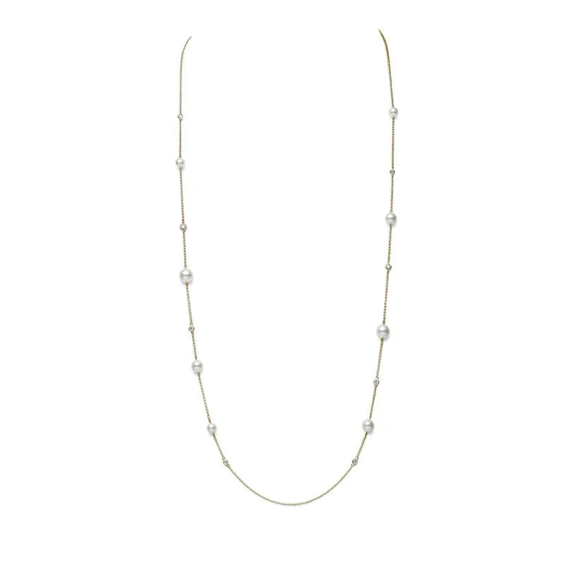 adjustable gemstone choker Akoya Cultured Pearl and Diamond Station Collection Necklace in 18K Yellow Gold – 31 Inch adjustable gemstone choker Akoya Cultured Pearl and Diamond Station Collection Necklace in 18K Yellow Gold – 31 Inch