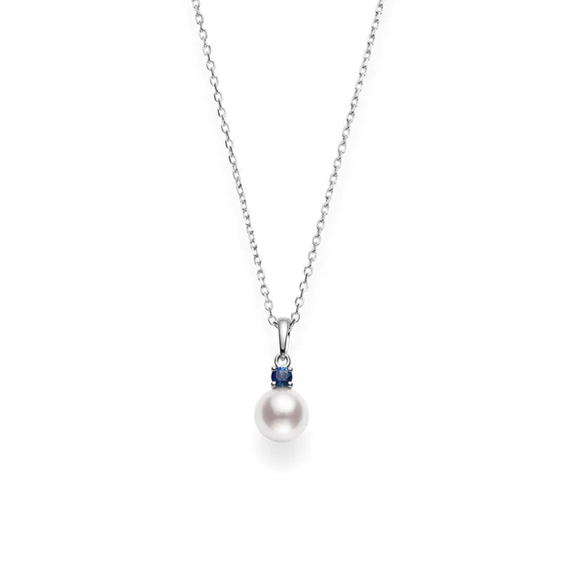 heart-shaped promise ring sterling silver Akoya Cultured Single Pearl Pendant with Sapphire in 18K White Gold